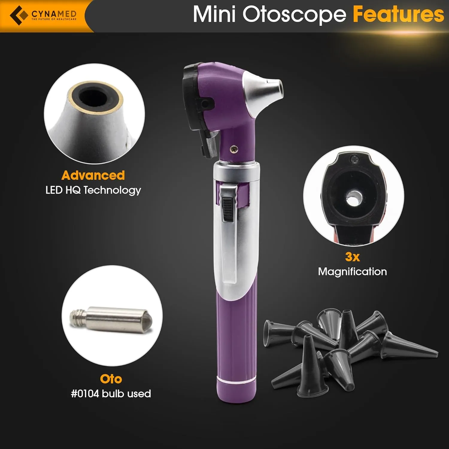 Cynamed Mini Otoscope - Portable Ear Light and Exam Kit for Home and Professional Use - 4X Magnifying Fiber Optic Scope with Spare Tips, Bulb, and Carrying Case (Purple)