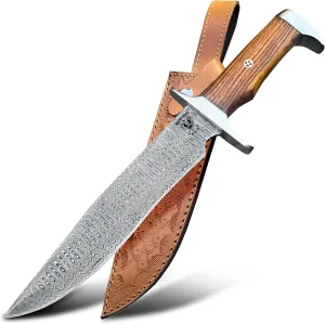 Damascus Fixed Blade Knife with Sheath - Handcrafted Full Tang Bowie Knife for Camping, and Survival - Premium Steel Construction - Includes Sheath