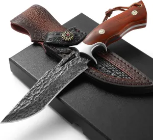 Damascus Hunting Knife Handmade VG10 67-Layers Damascus Steel Bowie Knife with Real Leather Sheath Fixed Blade for Men, Wood Handle
