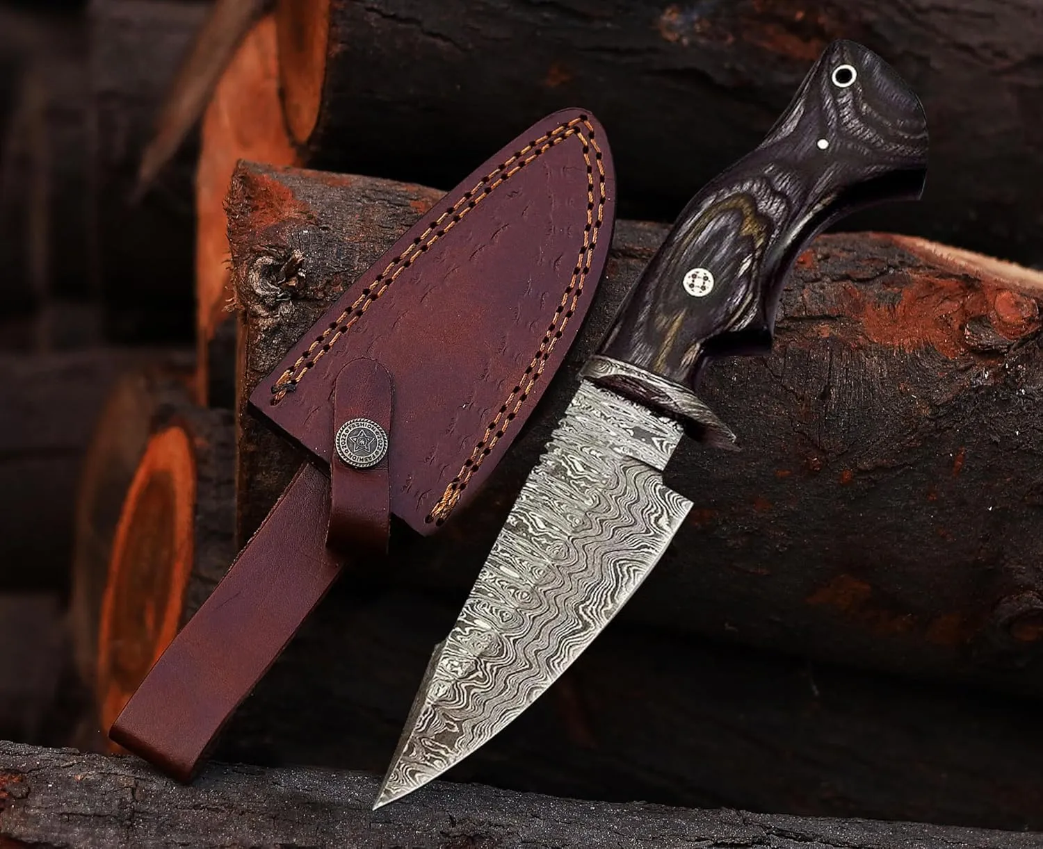 Damascus Hunting Knifes - Beautiful Handmade Rose wood Handle 10-Inch Fixed Blade Knife's with Leather Sheath | Ideal for Hunting, Outdoor Camping, and Survival Bushcraft Knifes. (VK-HK-03)