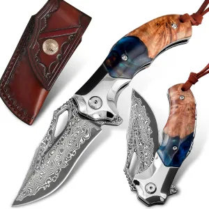 Damascus Pocket Knife Folding knife, Handmade Forged VG10 Damascus Steel Blade Folding Knife with Retro Leather Sheath. Resin and Maple Handle,EDC Cool Knives for Mens Gift Home Knife.