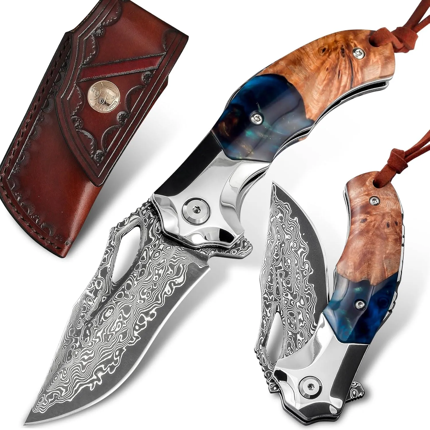 Damascus Pocket Knife Folding knife, Handmade Forged VG10 Damascus Steel Blade Folding Knife with Retro Leather Sheath. Resin and Maple Handle,EDC Cool Knives for Mens Gift Home Knife.