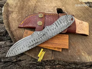 Damascus Steel Blank Blade Hunting Knife Fixed Blade EDC Survival Knife for Men - Fixed Blade Making kit, Pins, with Sheath, Handle Scales for Making (LEADER WOOD)