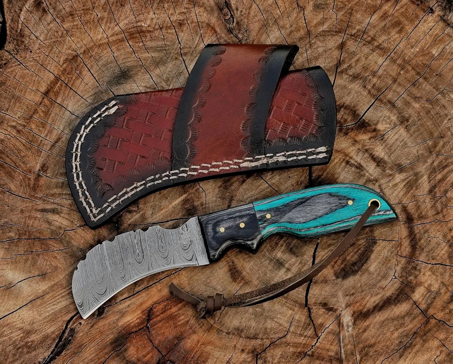 Damascuss Steel Lineman's Hawkbill Knife, Fixed Blade Full Tang, Turquoise Handle with Leather Sheath gift for men.