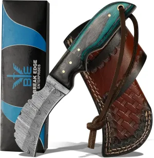 Damascuss Steel Lineman's Hawkbill Knife, Fixed Blade Full Tang, Turquoise Handle with Leather Sheath gift for men.