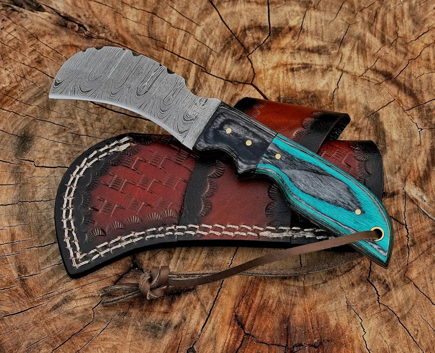 Damascuss Steel Lineman's Hawkbill Knife, Fixed Blade Full Tang, Turquoise Handle with Leather Sheath gift for men.
