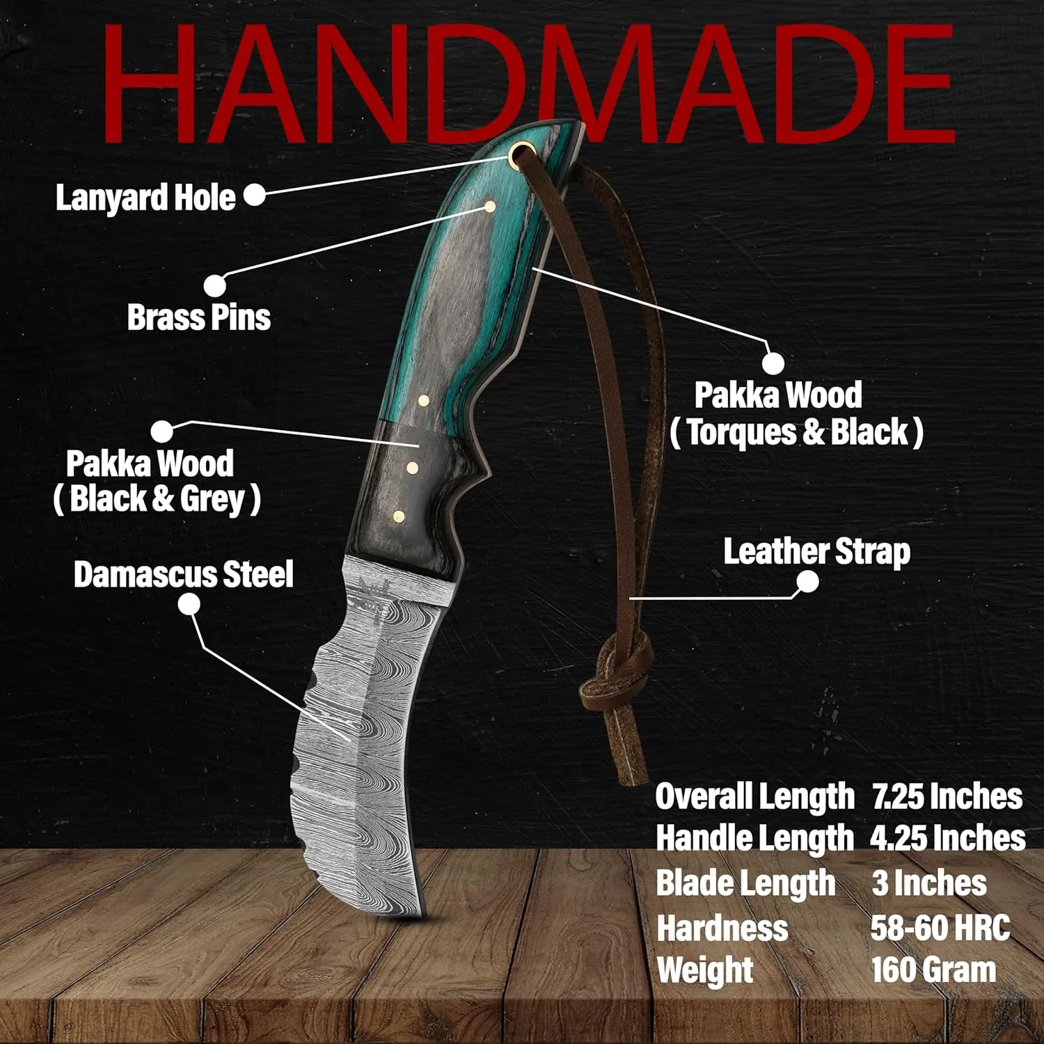 Damascuss Steel Lineman's Hawkbill Knife, Fixed Blade Full Tang, Turquoise Handle with Leather Sheath gift for men.