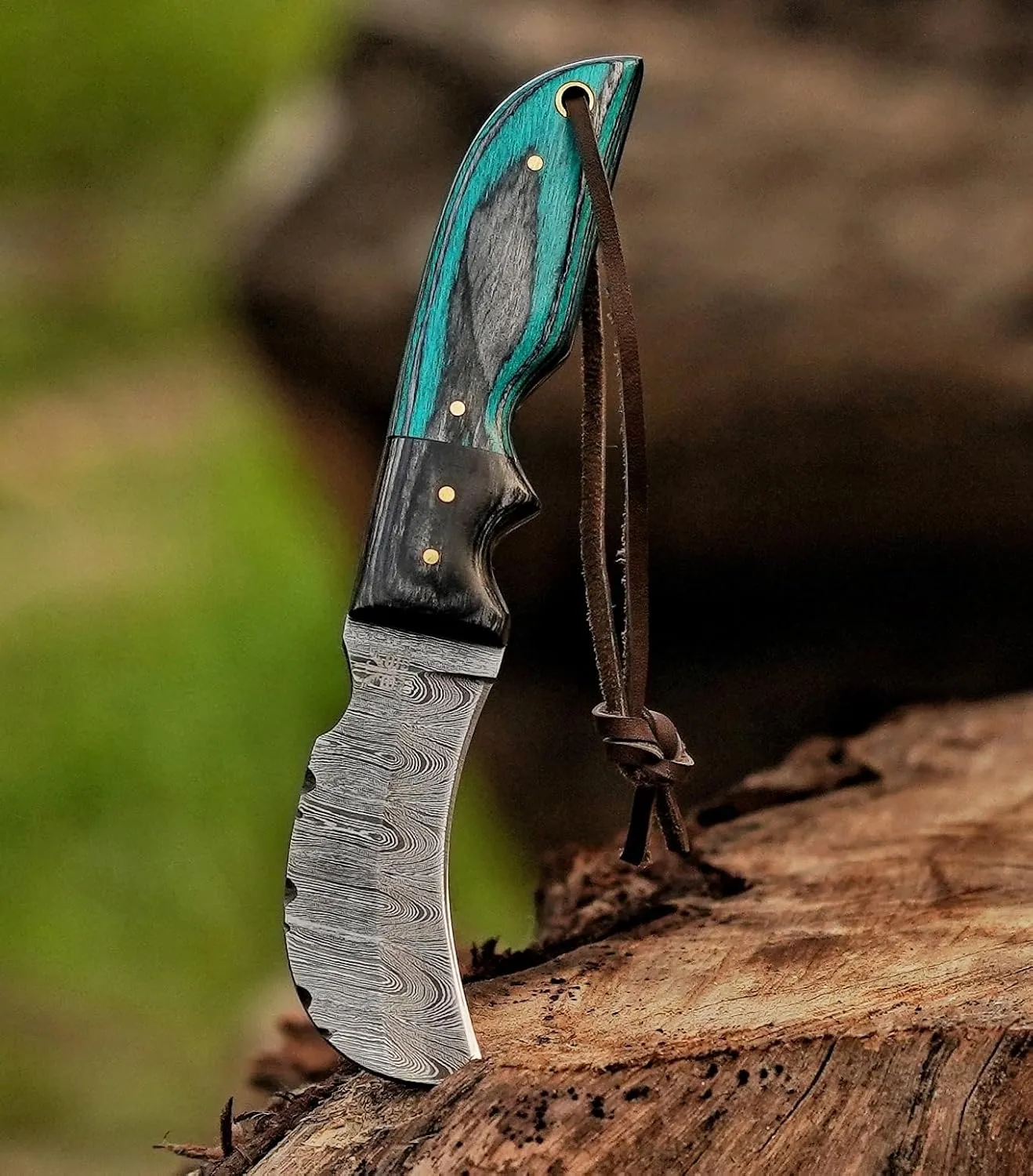 Damascuss Steel Lineman's Hawkbill Knife, Fixed Blade Full Tang, Turquoise Handle with Leather Sheath gift for men.
