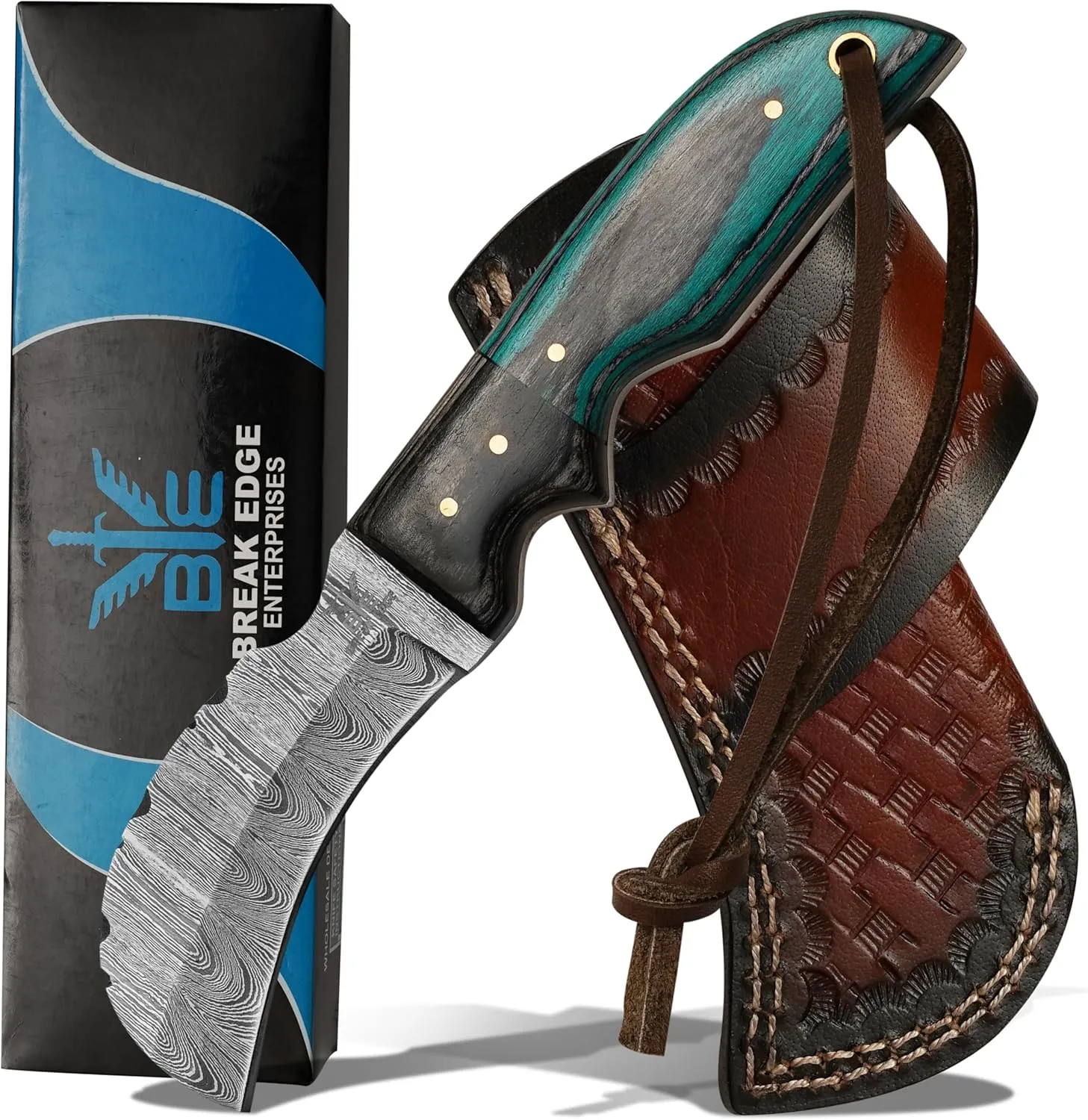 Damascuss Steel Lineman's Hawkbill Knife, Fixed Blade Full Tang, Turquoise Handle with Leather Sheath gift for men.