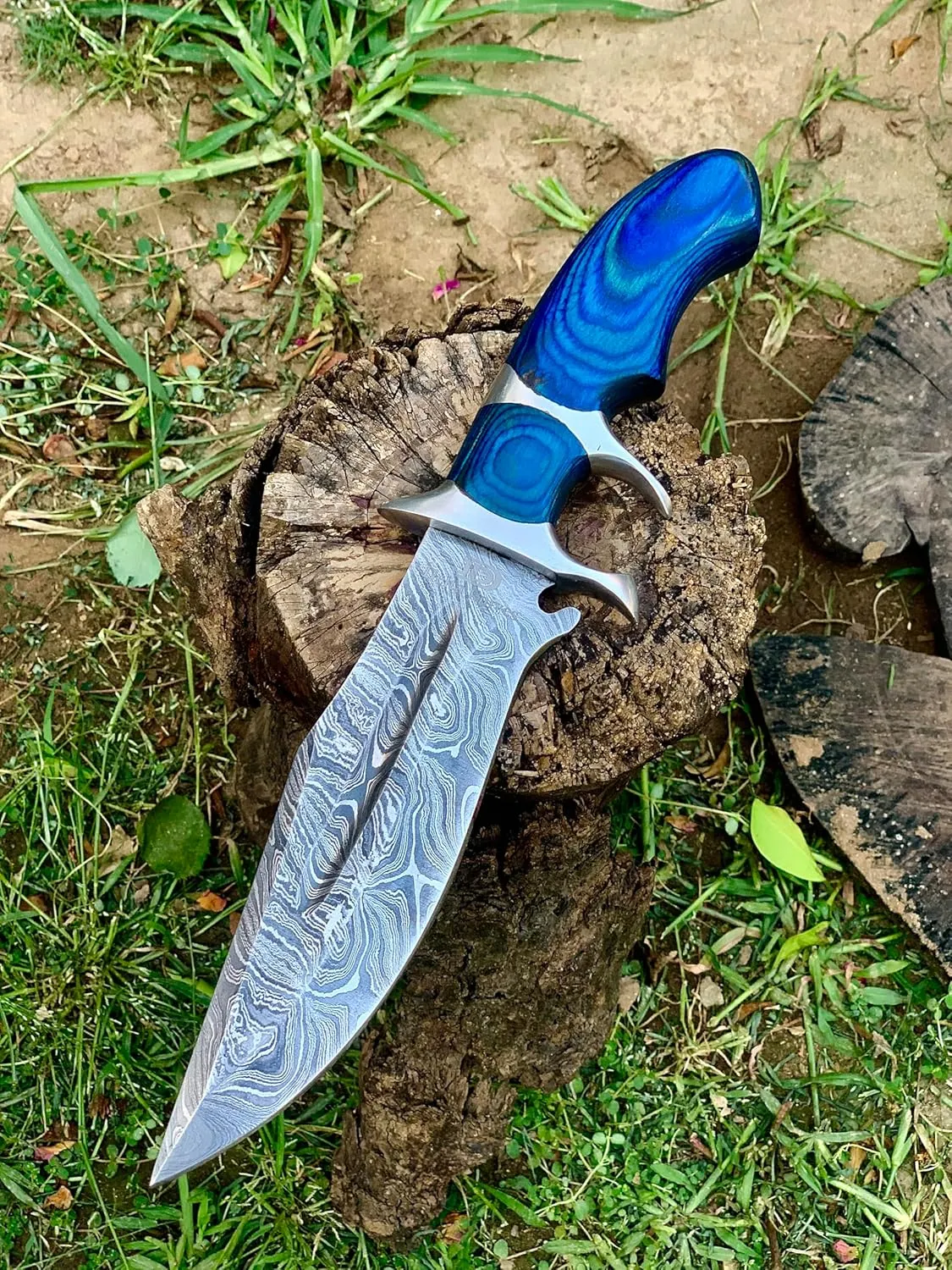 Delta:Hand Made Damascus Bowie knife with Rose Wood Handle-Best For Gift -Best for Camping-Indoor & Outdoor Use Knife (RW002) (Blue)