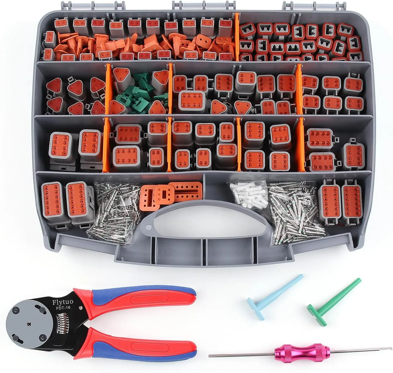 Deutsch Connectors Kit with Crimping Tool - 540PCS, 2/3/4/6/8/12 Pin DT Connectors, Removal Tool, Size 16 Solid Terminal Contacts, 14-18 AWG (Grey)