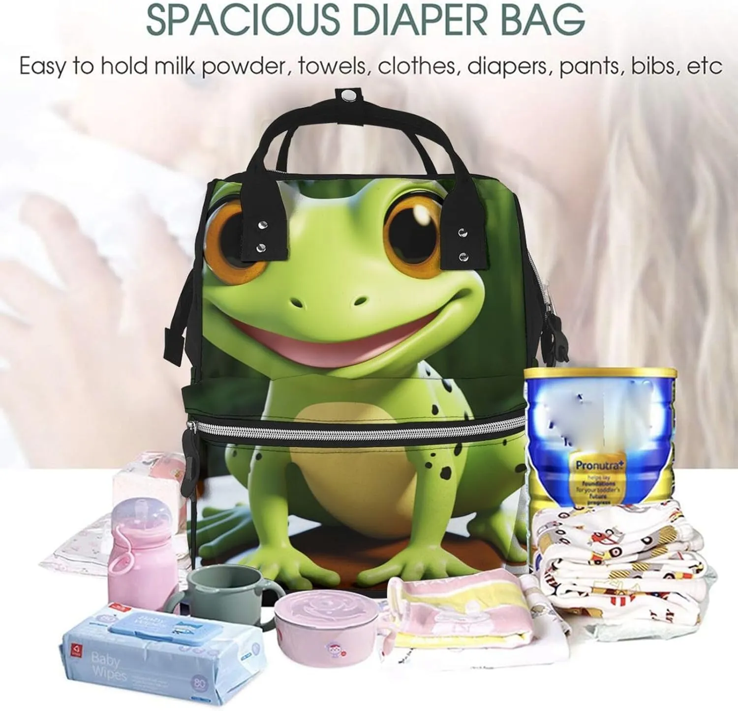 Diaper Bag Nappy Backpack Baby Bag Black and white skulls Mummy Backpack Multifunction Changing Bags for Travel, Cute Frog, One Size