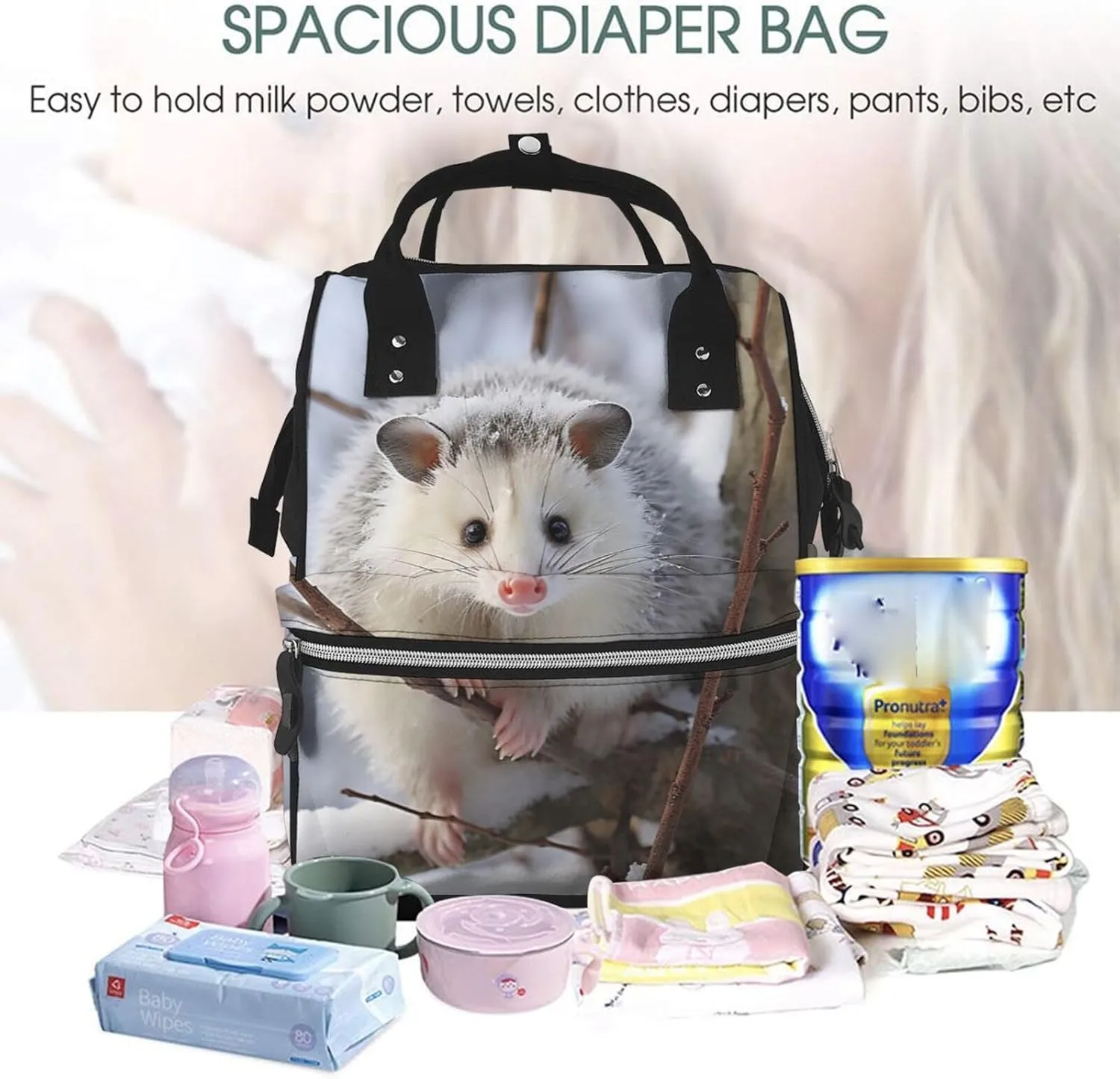 Diaper Bag Nappy Backpack Baby Bag Opossum In Snow Mummy Backpack Multifunction Changing Bags for Travel, Opossum in Snow, One Size