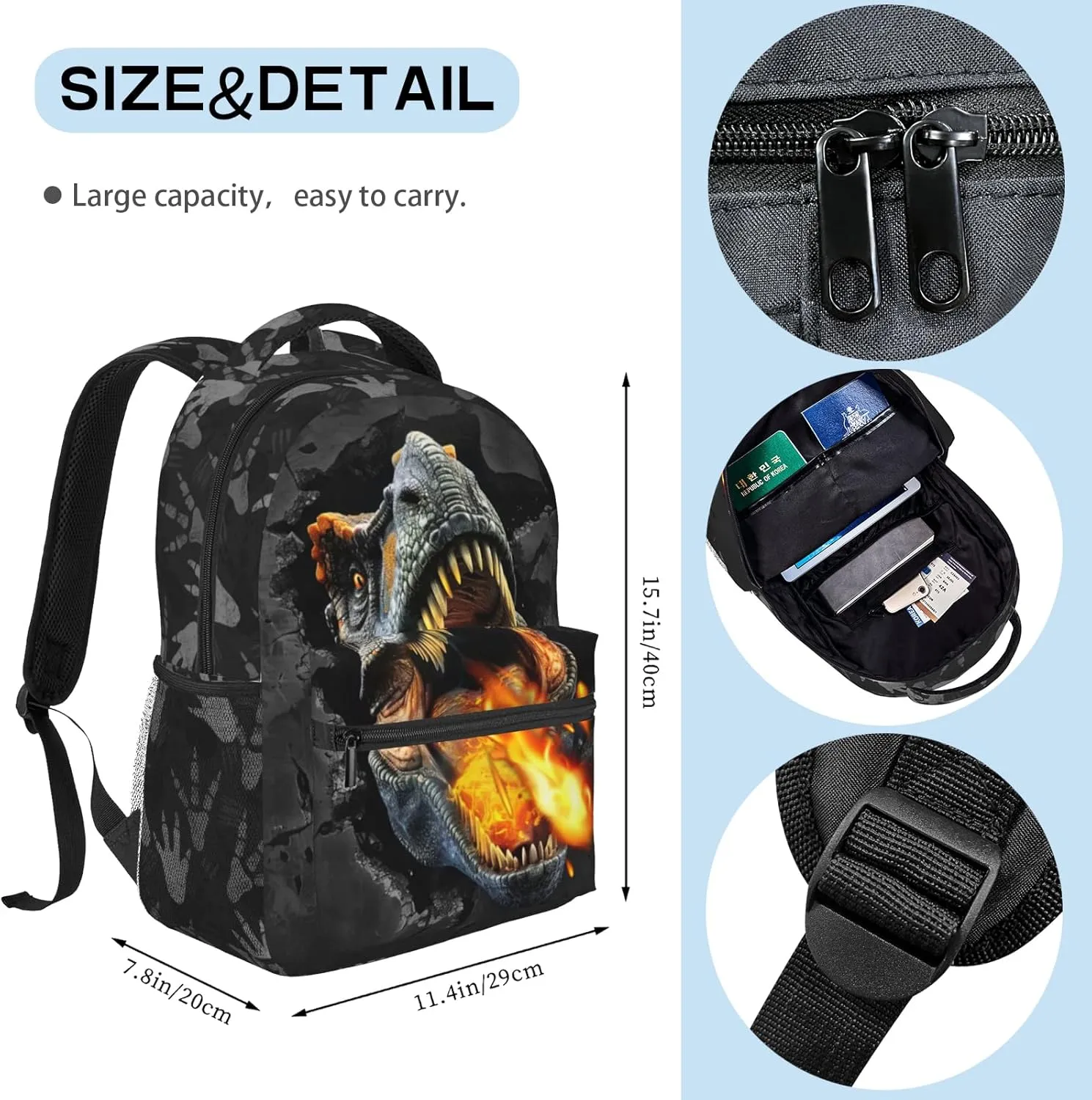 Dinosaur Backpack for Boys & Girls Fire Backpack for Kids Dinosaur Print School Bag Lightweight Waterproof Adjustable Bookbag for Children Teens Gamer Travel Daypack