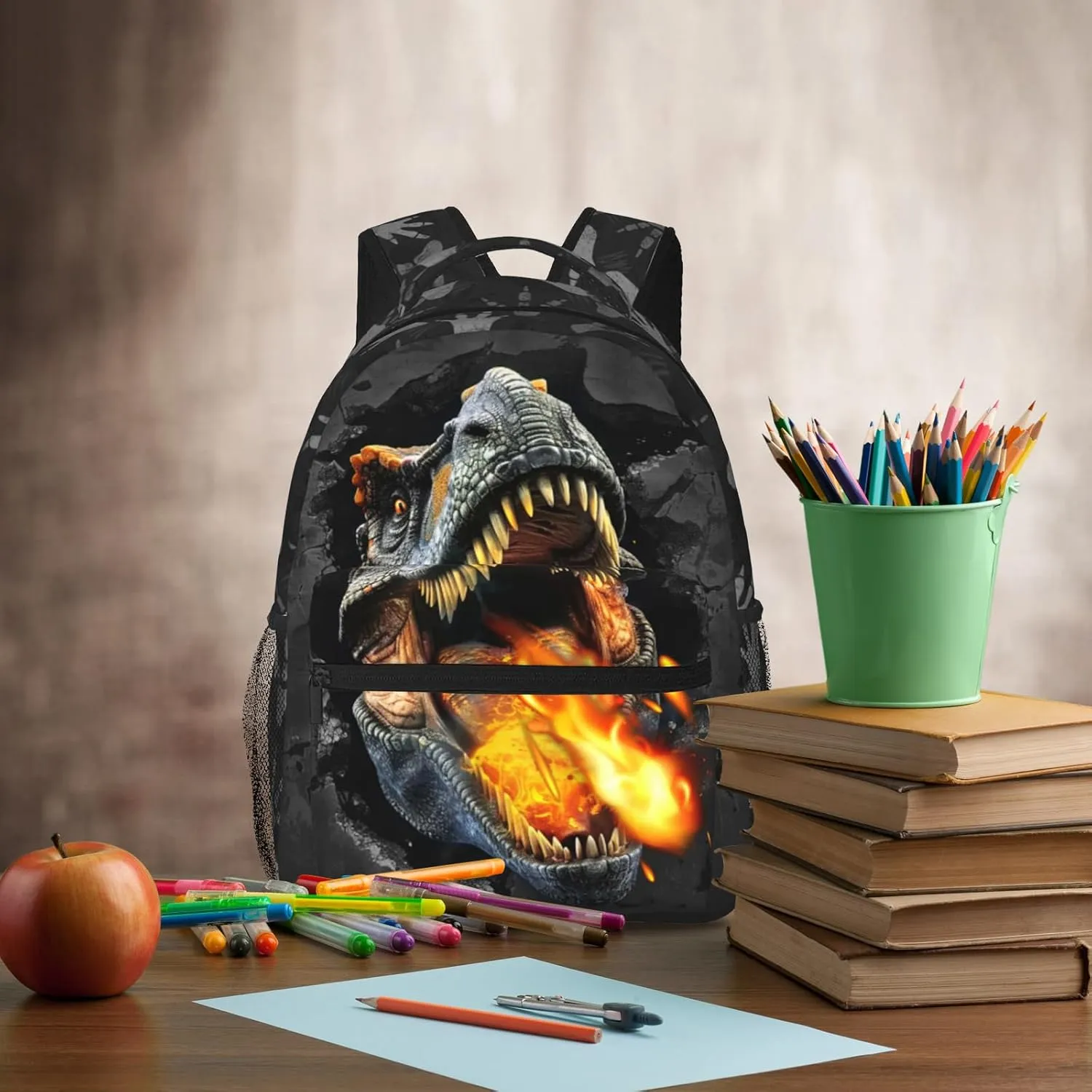 Dinosaur Backpack for Boys & Girls Fire Backpack for Kids Dinosaur Print School Bag Lightweight Waterproof Adjustable Bookbag for Children Teens Gamer Travel Daypack