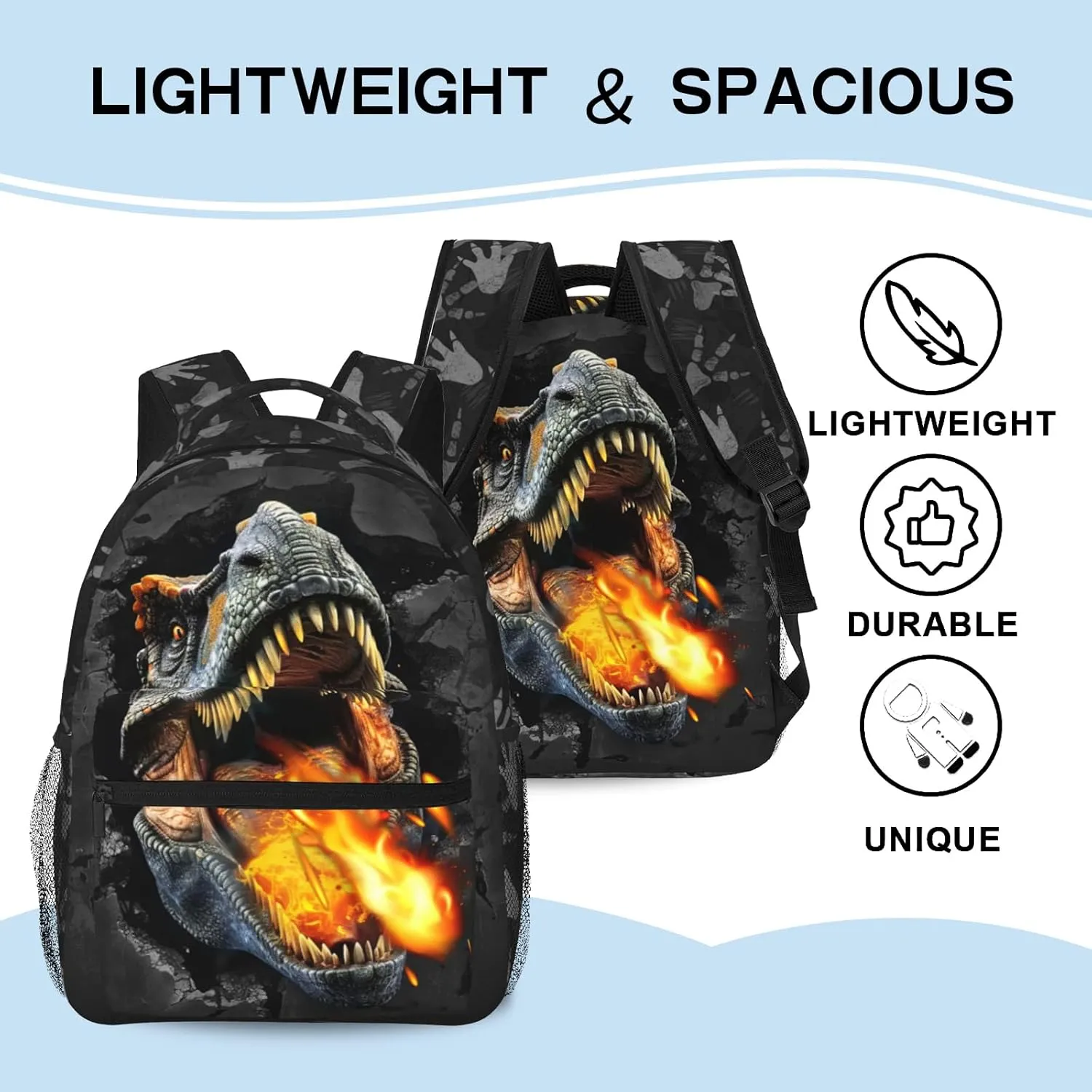 Dinosaur Backpack for Boys & Girls Fire Backpack for Kids Dinosaur Print School Bag Lightweight Waterproof Adjustable Bookbag for Children Teens Gamer Travel Daypack