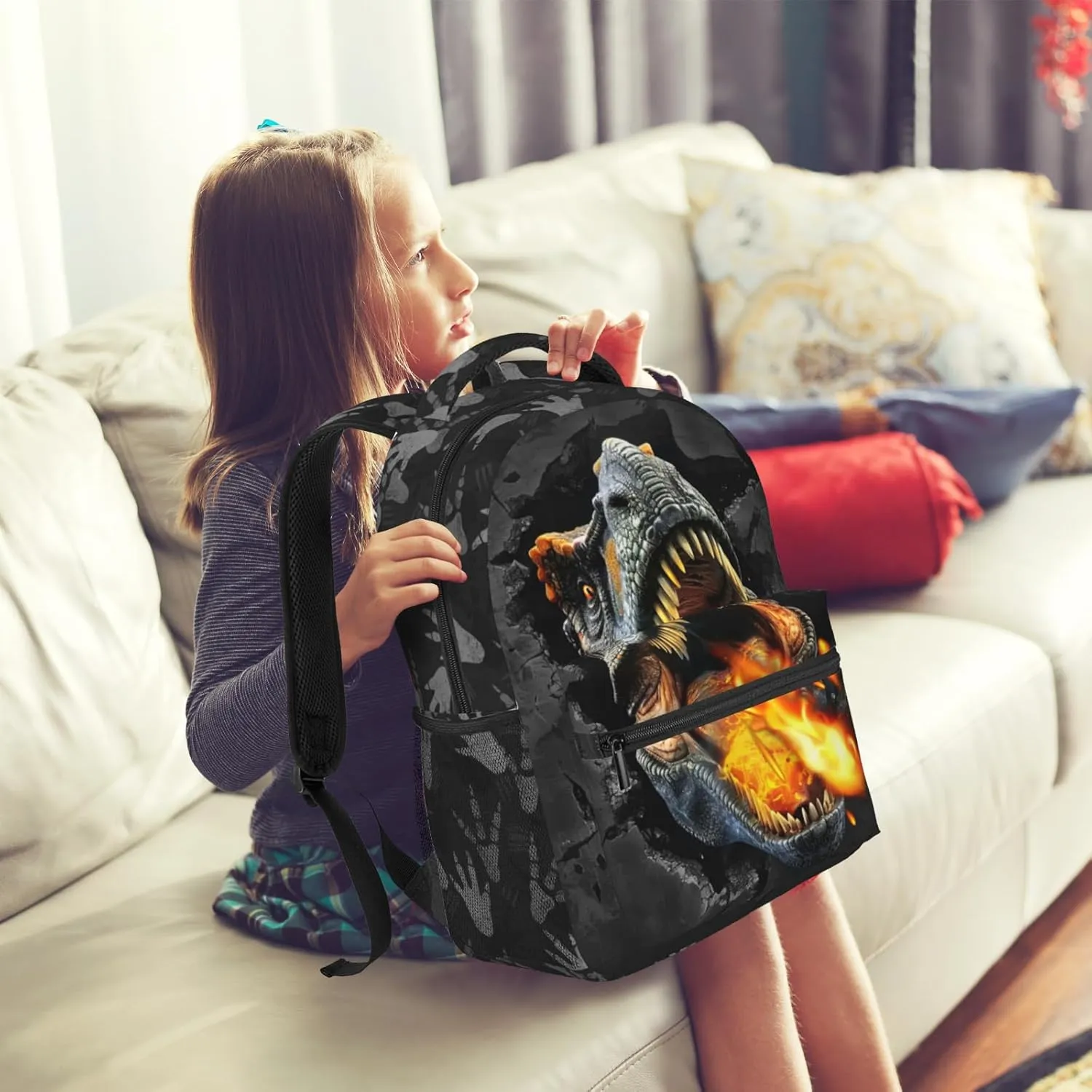 Dinosaur Backpack for Boys & Girls Fire Backpack for Kids Dinosaur Print School Bag Lightweight Waterproof Adjustable Bookbag for Children Teens Gamer Travel Daypack