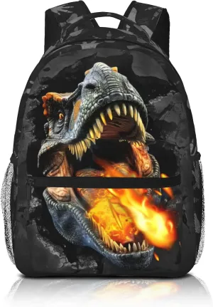 Dinosaur Backpack for Boys & Girls Fire Backpack for Kids Dinosaur Print School Bag Lightweight Waterproof Adjustable Bookbag for Children Teens Gamer Travel Daypack