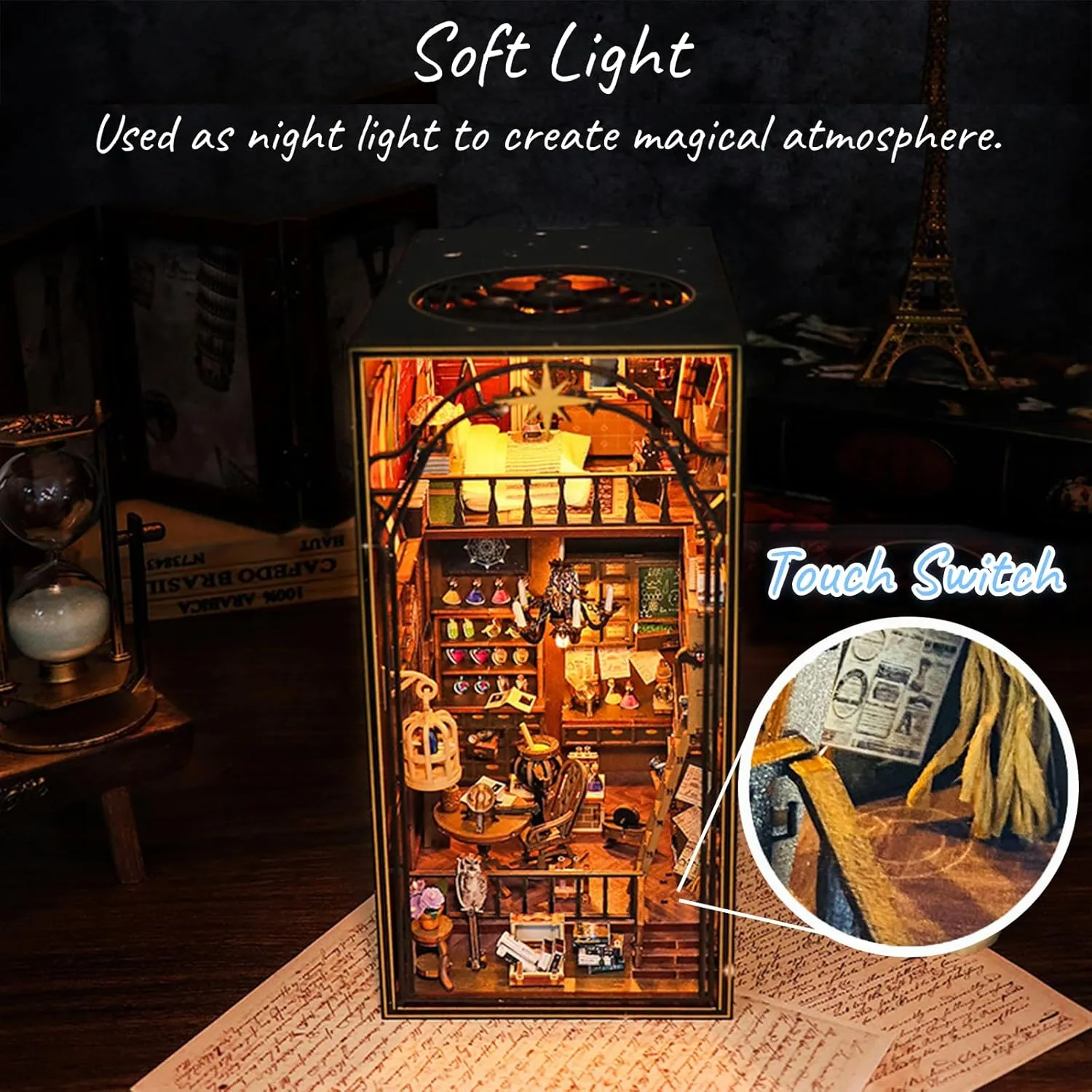 DIY Book Nook Kit with Music Box, 3D Wooden Puzzle Dollhouse with LED, Magic House Bookend for Adults and Teens, Bookshelf Decoration, Creative Gift for Friends and Family. Mira Magic House