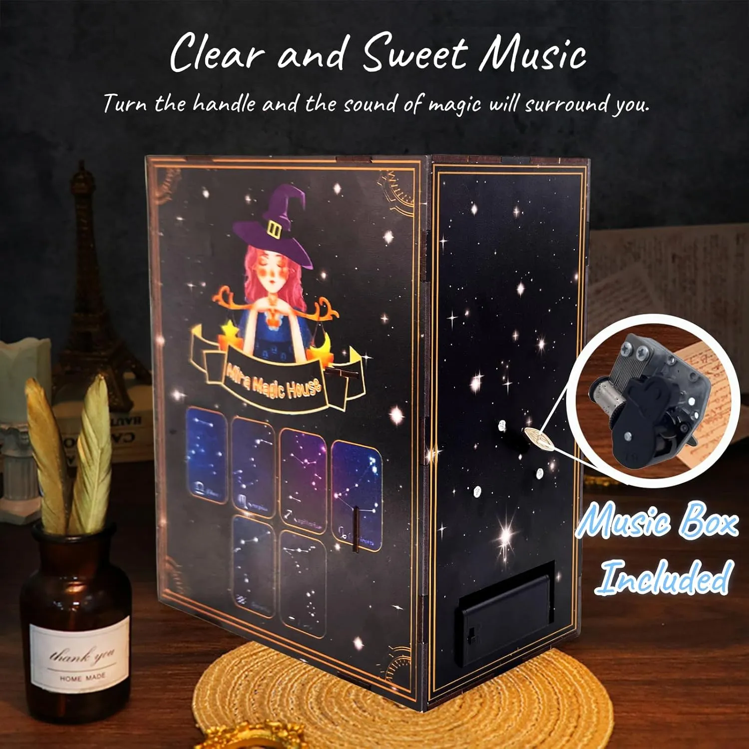 DIY Book Nook Kit with Music Box, 3D Wooden Puzzle Dollhouse with LED, Magic House Bookend for Adults and Teens, Bookshelf Decoration, Creative Gift for Friends and Family. Mira Magic House