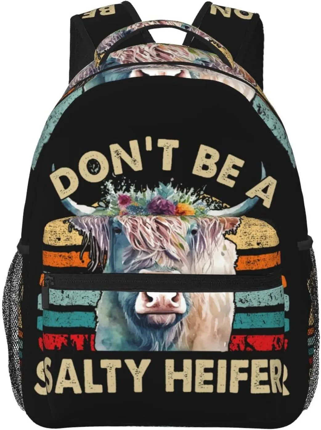 Don't Be a Salty Heifer Highland Cow Backpack Lightweight Laptop Backpack Casual Daypack Travel Double Shoulder Bag For Women Men