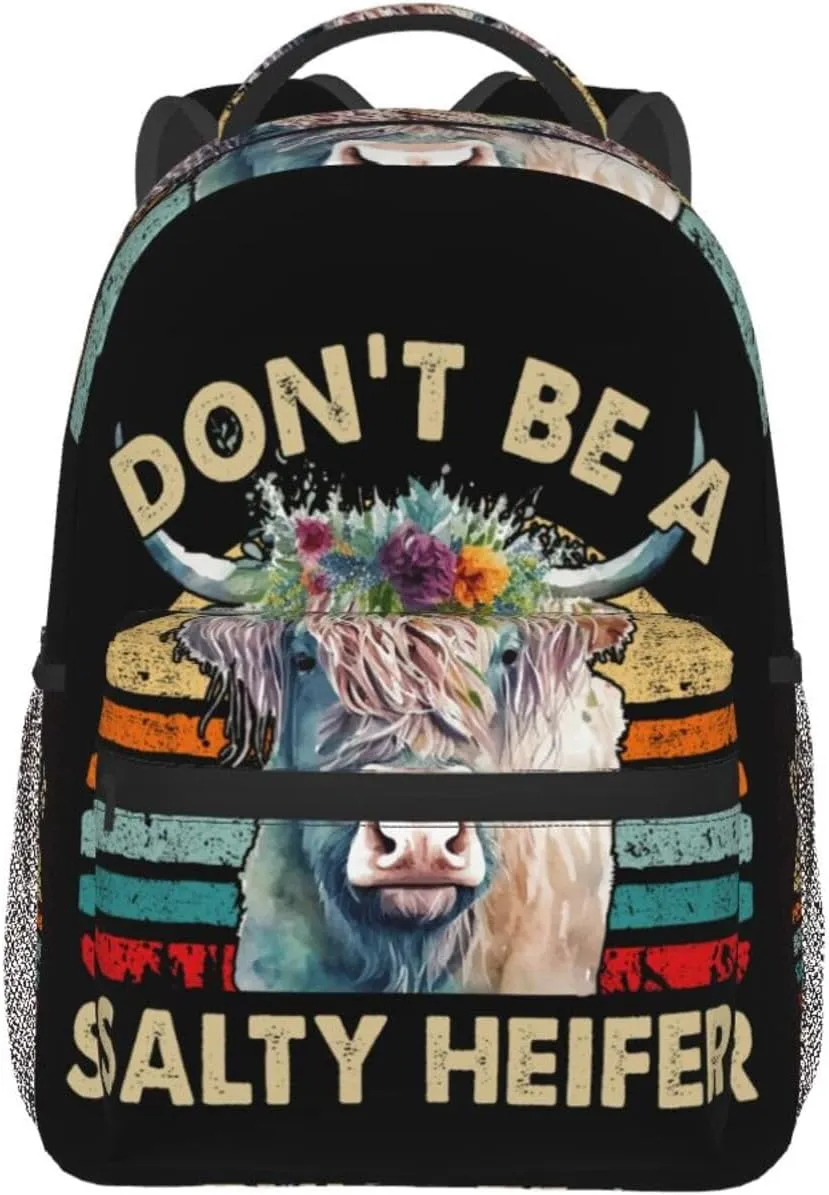 Don't Be a Salty Heifer Highland Cow Backpack Lightweight Laptop Backpack Casual Daypack Travel Double Shoulder Bag For Women Men