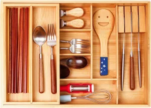 Double layer Bamboo Kitchen Drawer Organizer, Utensil Silverware Organizer, Cutlery Tray, With Slidable & Removable Utensil Tray, With Knife Holder, Flatware Organizer,Multi-use storage box