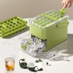Double Layer Ice Cube Tray with Lid and Bin, One-Click Demolding, Pull-Out Ice Drawer with Portable Handle, Includes 2 Large Ice Ball Molds (Green)