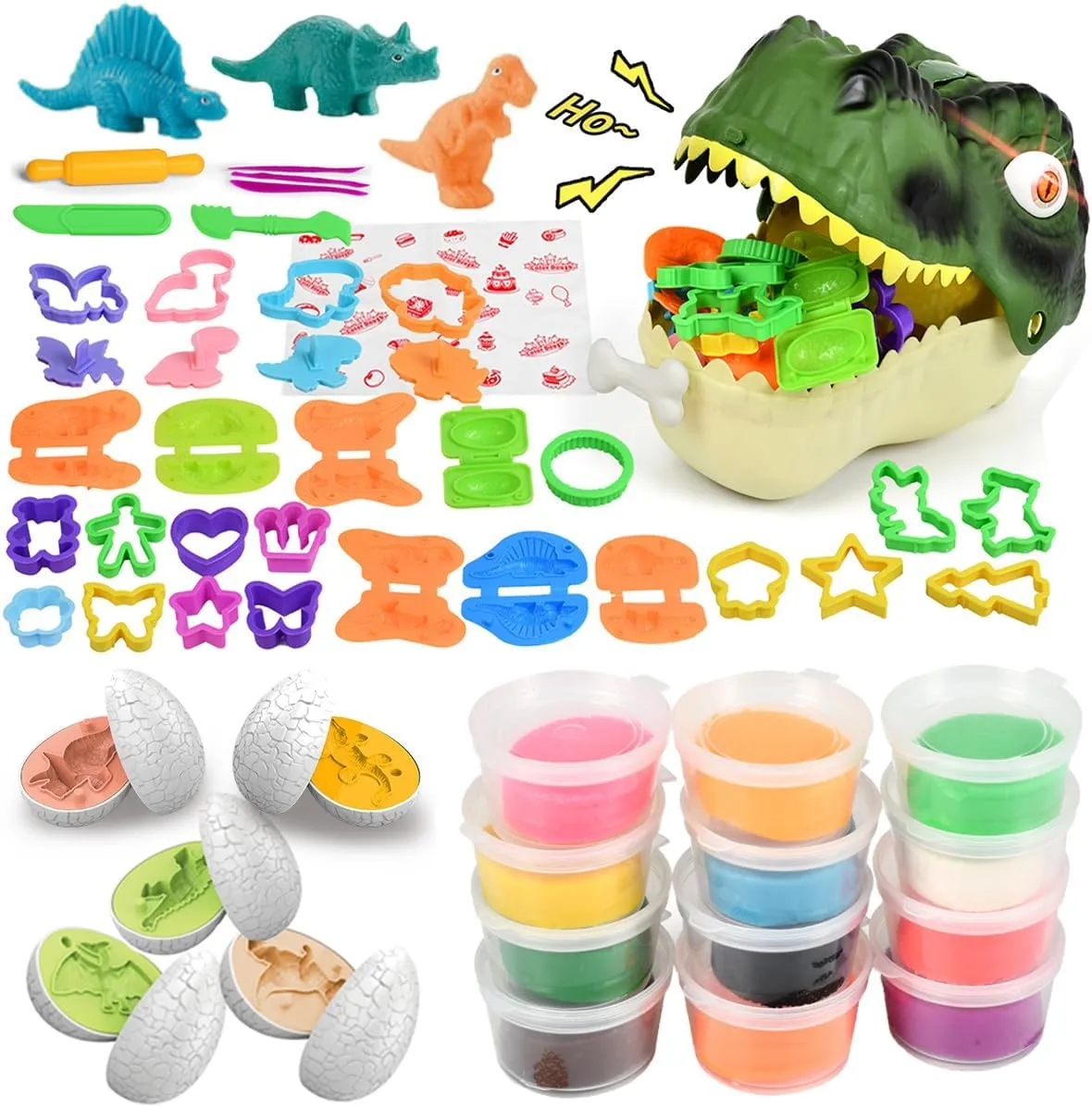 Dough Play Tools for Kids, 55PCS Dinosaur Clay Molds, Sliding dinosaur storage box with realistic dinosaur sounds and lights, Play Clay Shape Molds, Dough Set Toy for Boys Girls Age 3 4 5 6 7 8.