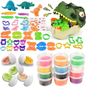 Dough Play Tools for Kids, 55PCS Dinosaur Clay Molds, Sliding dinosaur storage box with realistic dinosaur sounds and lights, Play Clay Shape Molds, Dough Set Toy for Boys Girls Age 3 4 5 6 7 8.
