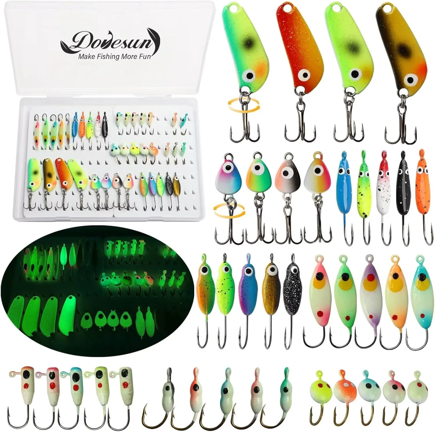 Dovesun Ice Fishing Jigs Ice Fishing Lures Jig Heads Walleye Fishing Lures Crappie Jigs Glow in Dark-Ice Fishing Jigs with Storage Box 38pcs/28pcs/25pcs/20pcs