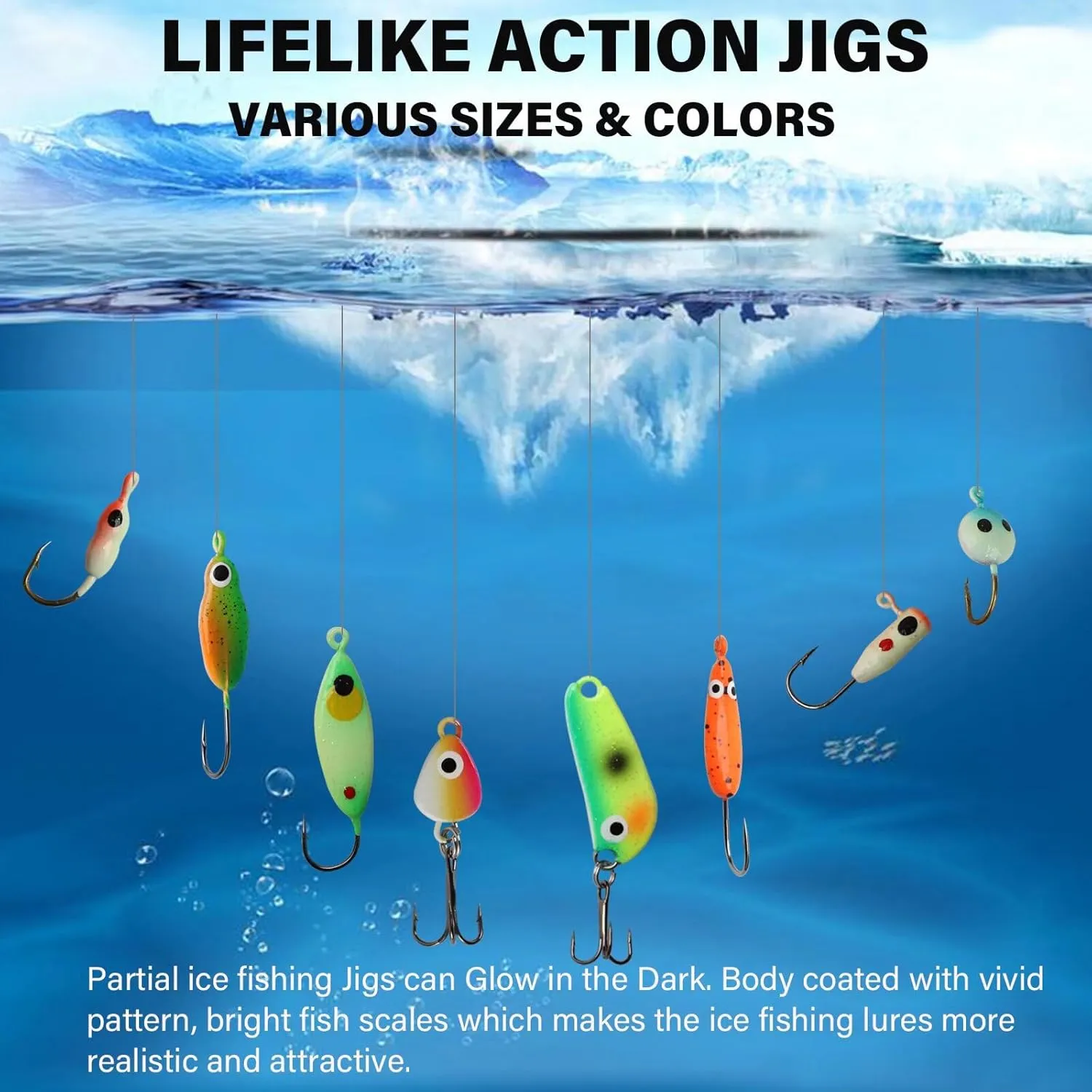 Dovesun Ice Fishing Jigs Ice Fishing Lures Jig Heads Walleye Fishing Lures Crappie Jigs Glow in Dark-Ice Fishing Jigs with Storage Box 38pcs/28pcs/25pcs/20pcs