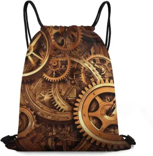 Drawstring Backpack Bag, Cool Steampunk Gears Printed Large Capacity Foldable Drawstring Bag Sports Travel Drawstring Backpack for Shopping,Sports, Gym, Travel, Swimming