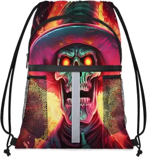 Drawstring Backpack String Bag with Side Pocket Sports Gym Soccer Cinch Sackpack for Women Men Small Beach Workout Storage for Swimming Gear Cool Fire Skull Backpack