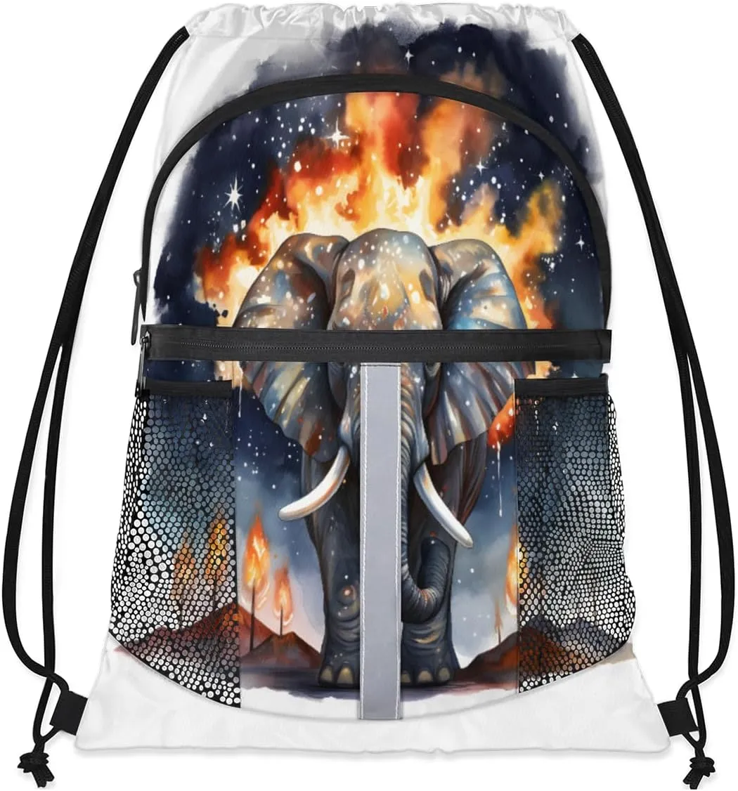 Drawstring Backpack String Bag with Side Pocket Sports Gym Soccer Cinch Sackpack for Women Men Small Beach Workout Storage for Swimming Gear Retro Stars Fire Elephant Backpack