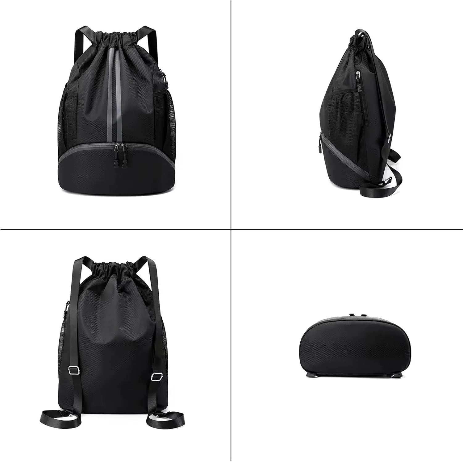 Drawstring Gym Bag for Men, Waterproof Drawstring Backpack for Women, Swim with Shoes Compartment, Pull String Sport Bag for Soccer and Basketball. (Grey)