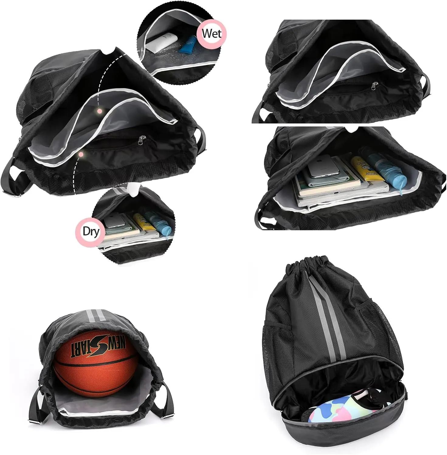 Drawstring Gym Bag for Men, Waterproof Drawstring Backpack for Women, Swim with Shoes Compartment, Pull String Sport Bag for Soccer and Basketball. (Grey)