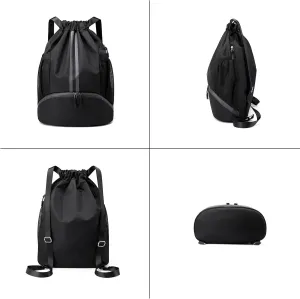 Drawstring Gym Bag for Men, Waterproof Drawstring Backpack for Women, Swim with Shoes Compartment, Pull String Sport Bag for Soccer and Basketball. (Grey)