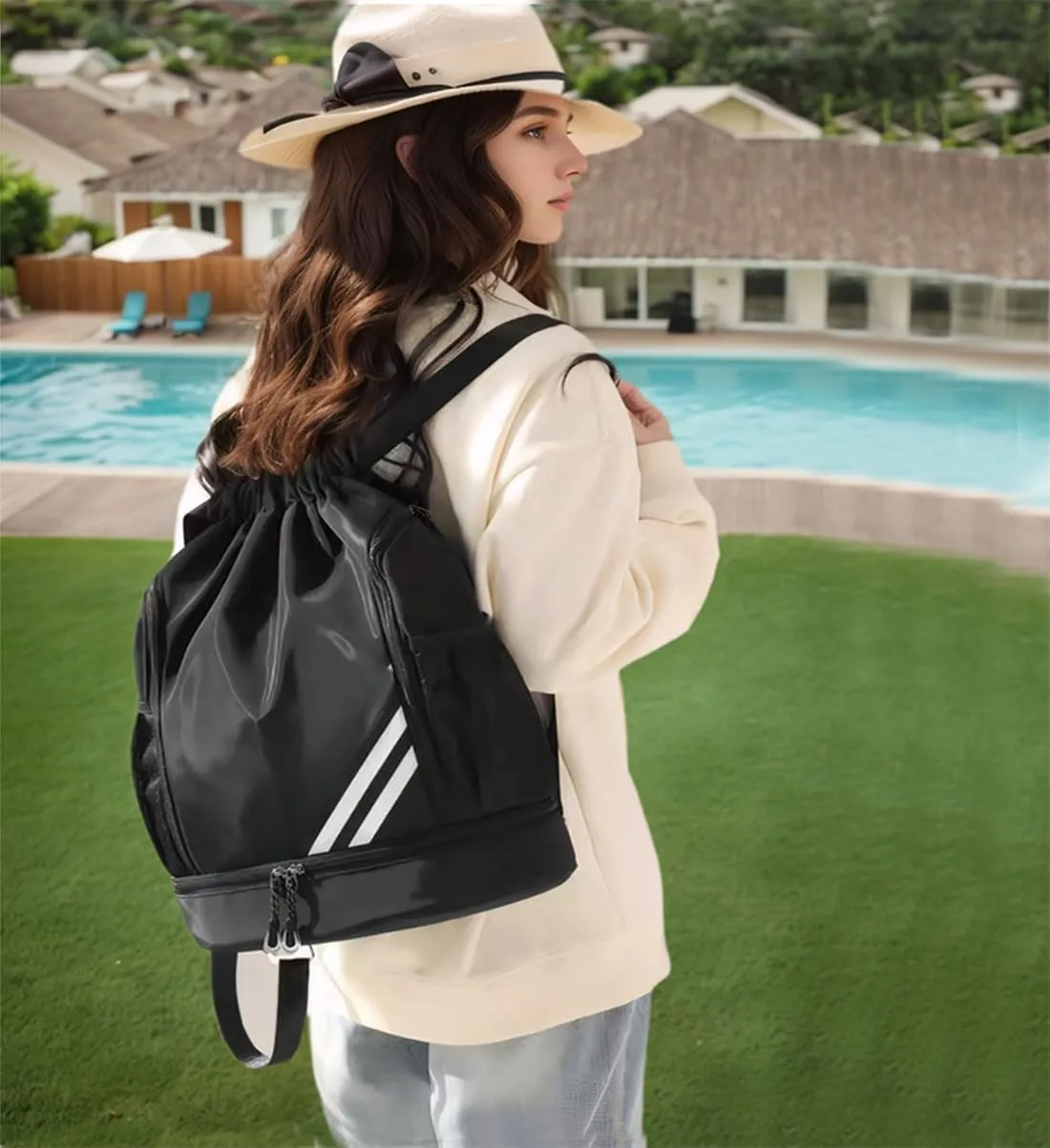 Drawstring Soccer Backpack Swim Gym Sports Bag with Ball and Shoe Compartment Holds Volleybag,Basketball