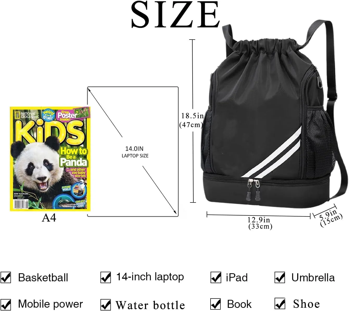 Drawstring Soccer Backpack Swim Gym Sports Bag with Ball and Shoe Compartment Holds Volleybag,Basketball