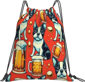 Drawstring Travel Backpack Boston Terriers Dogs Beer Sports Gym Bag For Swimming,Beach