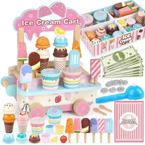 Dreamon Wooden Ice Cream Toys for Kids Toddlers, 48 PCS Ice Cream Cart Play Kitchen Accessories with Menu, Pretend Money, Wooden Ice Cream Shop Play Food Sets for 3 4 5 6 Year Old Girls Boys Gifts