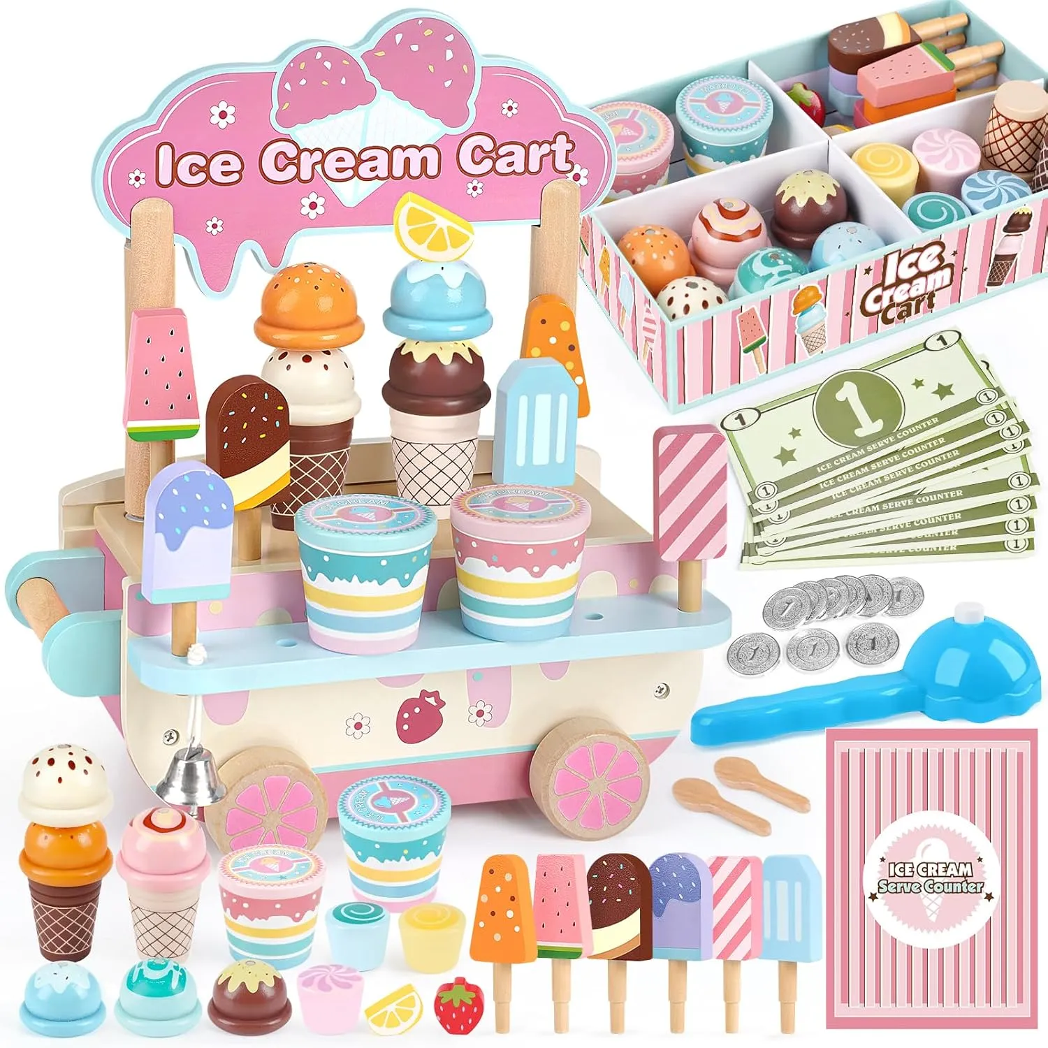 Dreamon Wooden Ice Cream Toys for Kids Toddlers, 48 PCS Ice Cream Cart Play Kitchen Accessories with Menu, Pretend Money, Wooden Ice Cream Shop Play Food Sets for 3 4 5 6 Year Old Girls Boys Gifts