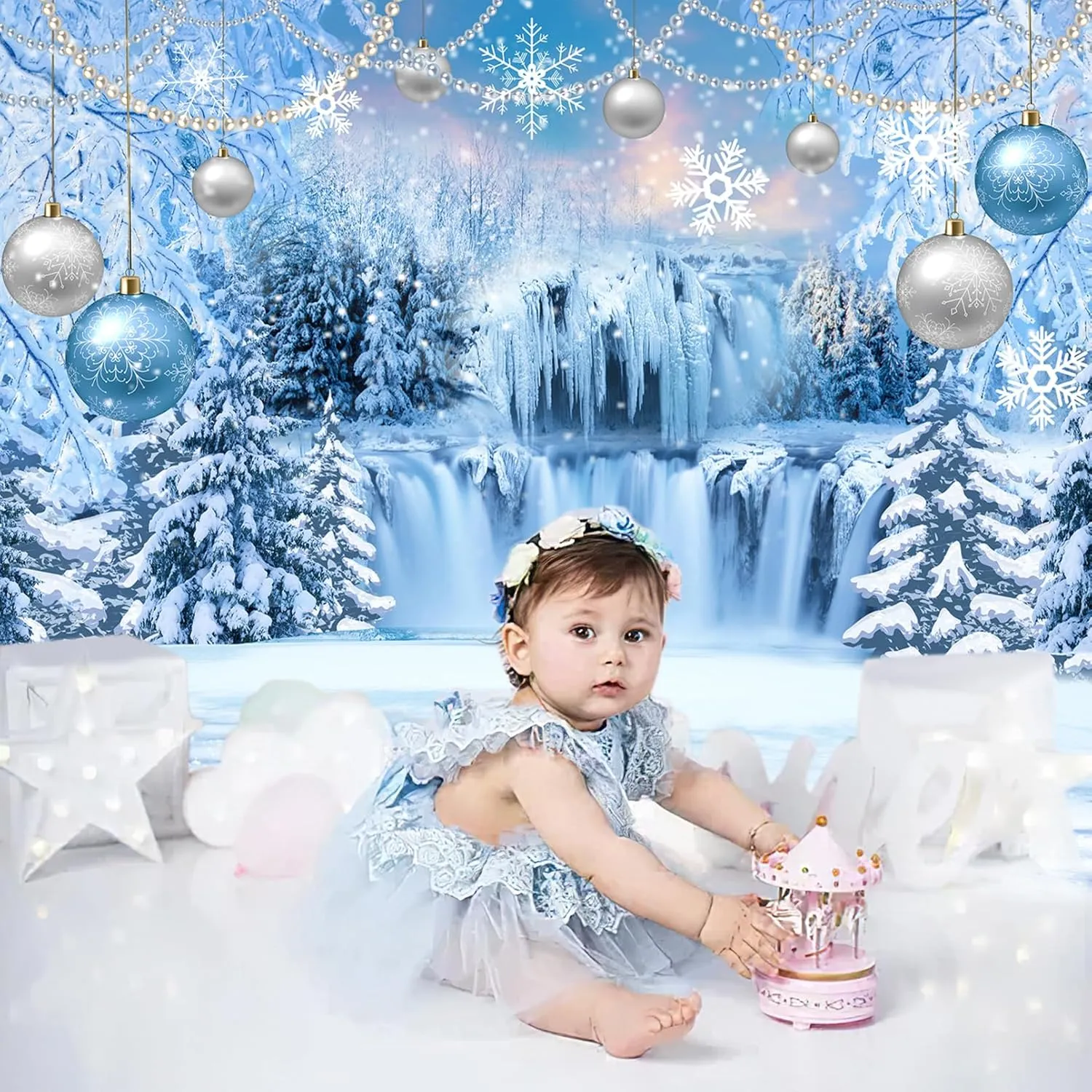DUAIAI Winter Christmas Backdrop, Birthday Party Decorations Frozen Crystal Pendant Ice and Snow White World Wonderland Background Banner for Children Photography Backdrops