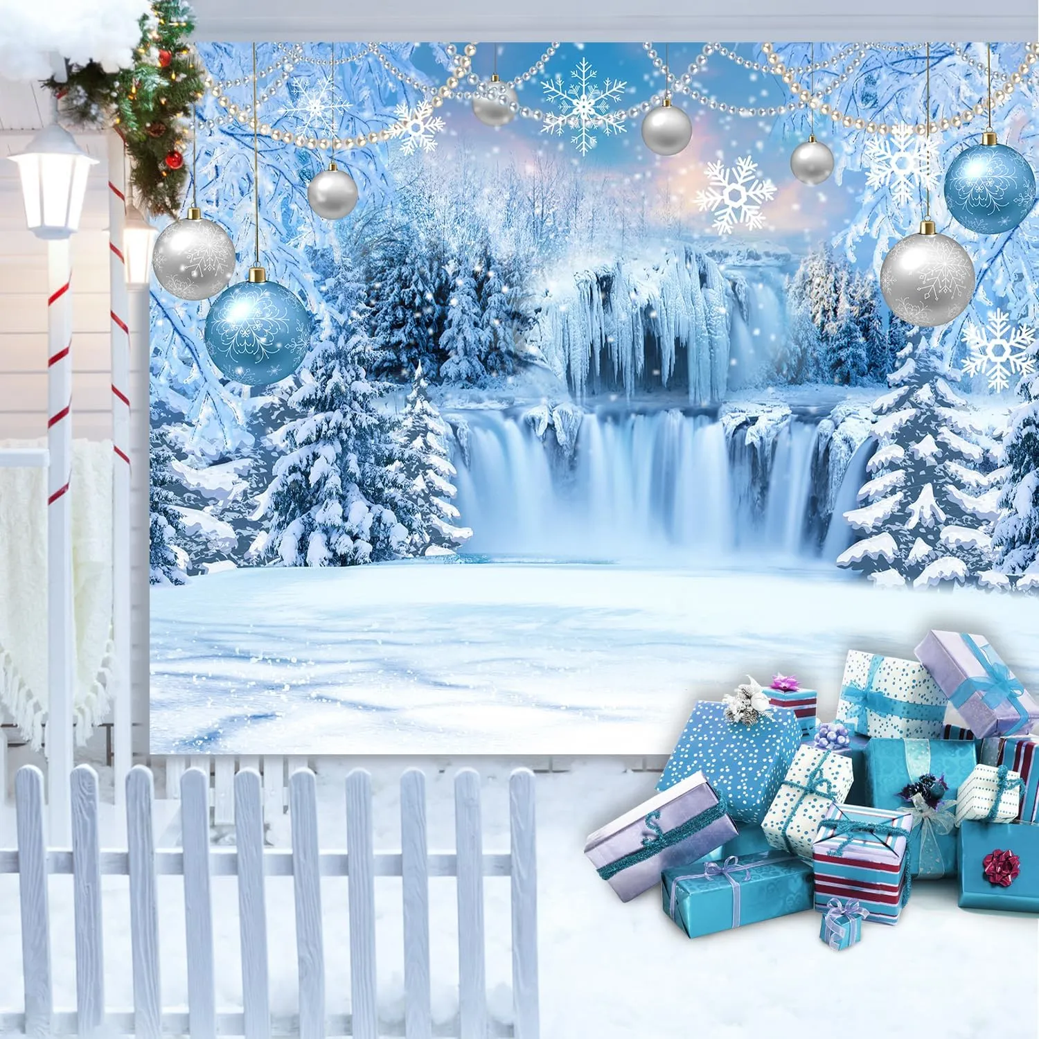 DUAIAI Winter Christmas Backdrop, Birthday Party Decorations Frozen Crystal Pendant Ice and Snow White World Wonderland Background Banner for Children Photography Backdrops