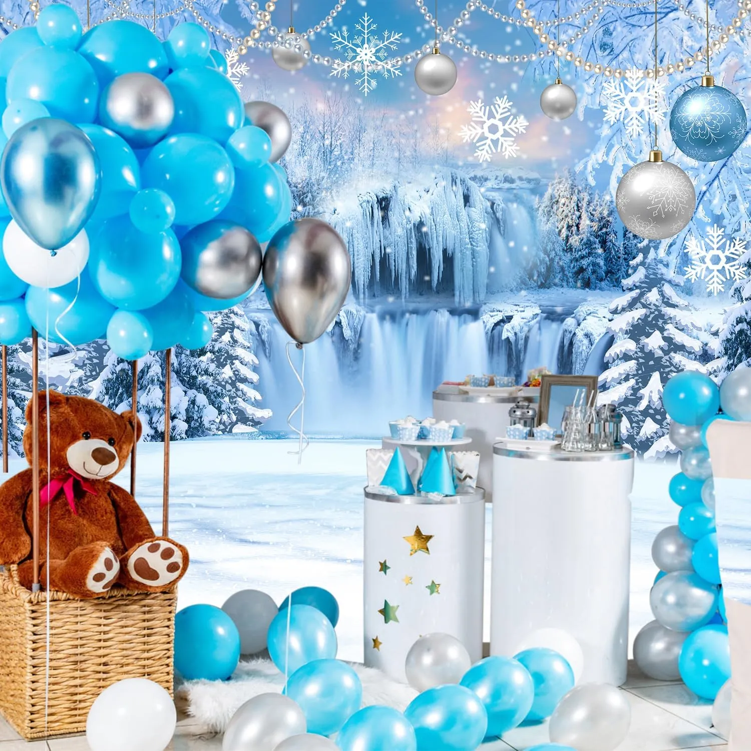 DUAIAI Winter Christmas Backdrop, Birthday Party Decorations Frozen Crystal Pendant Ice and Snow White World Wonderland Background Banner for Children Photography Backdrops