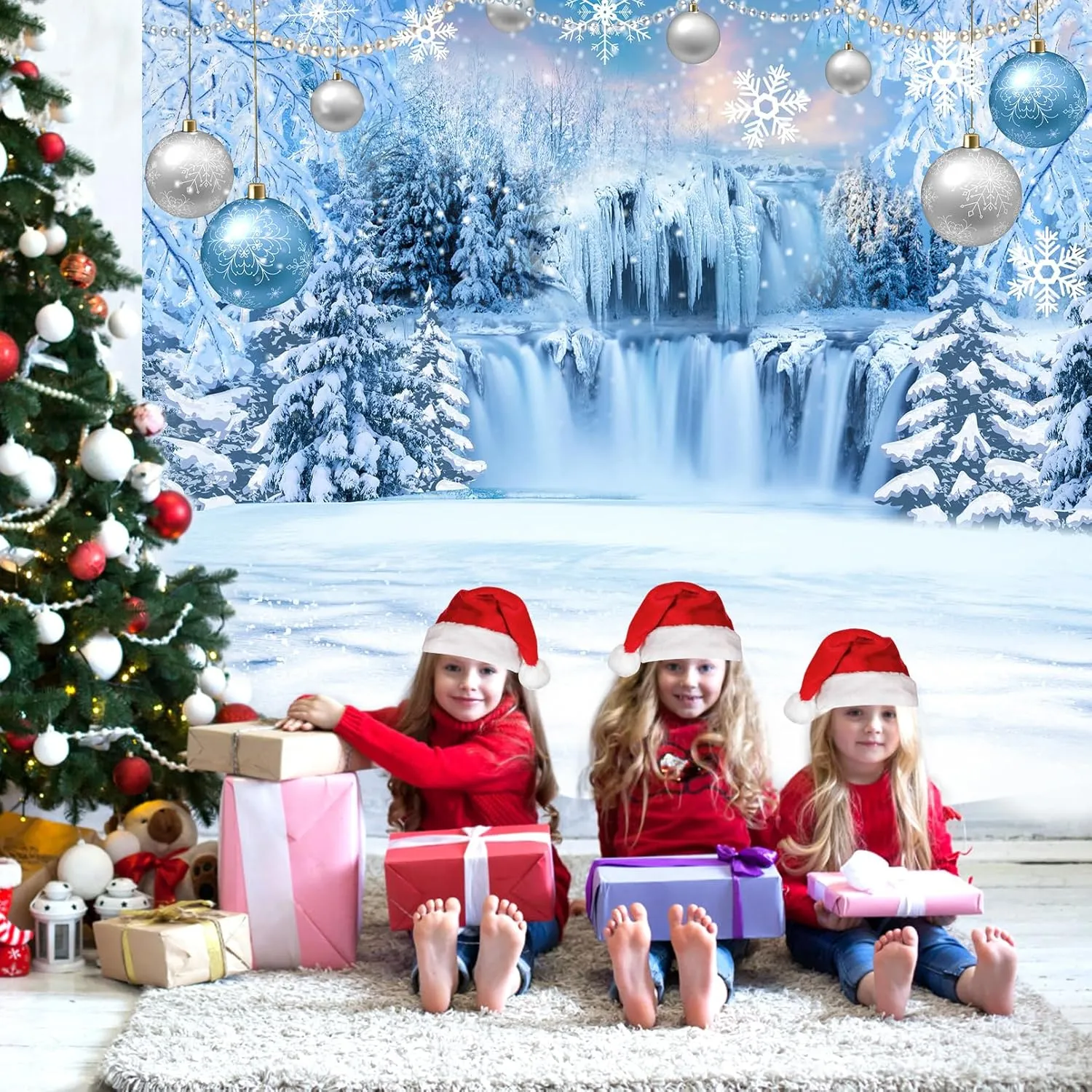 DUAIAI Winter Christmas Backdrop, Birthday Party Decorations Frozen Crystal Pendant Ice and Snow White World Wonderland Background Banner for Children Photography Backdrops