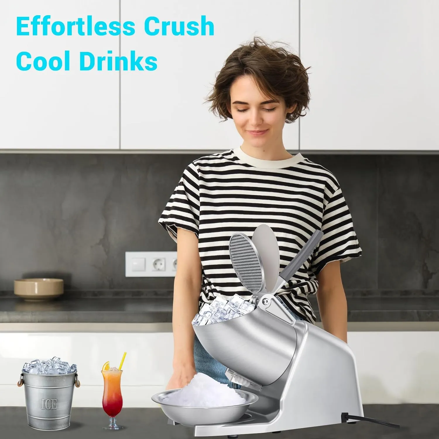 Dual Blade Ice Shaver Machine, 143 lbs/hr, 300W Electric Ice Crusher Machine with Ice Pick for Home and Commercial Use, ETL-Listed, Silver