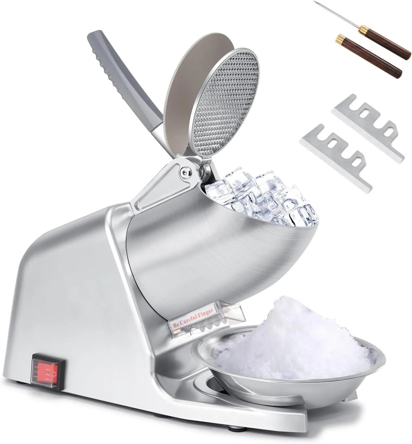 Dual Blade Ice Shaver Machine, 143 lbs/hr, 300W Electric Ice Crusher Machine with Ice Pick for Home and Commercial Use, ETL-Listed, Silver