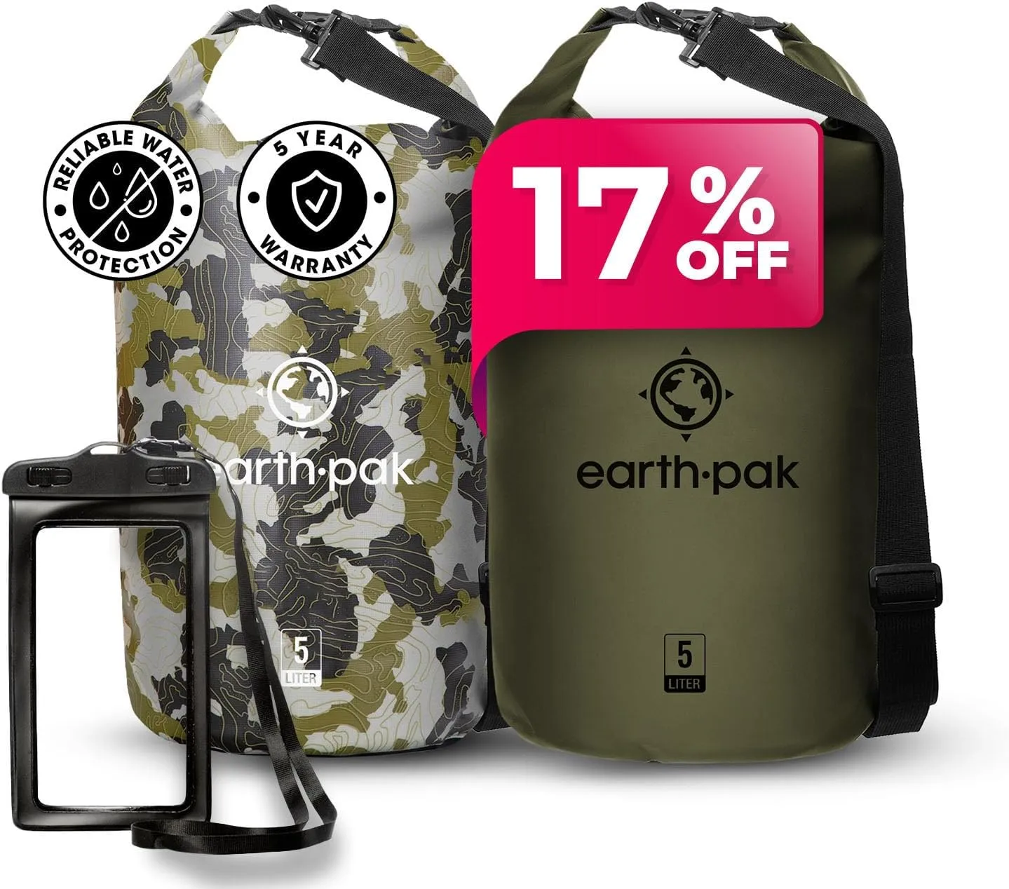 Earth Pak Waterproof Dry Bag - Roll Top Waterproof Backpack Camo 5L & Forest Green 5L